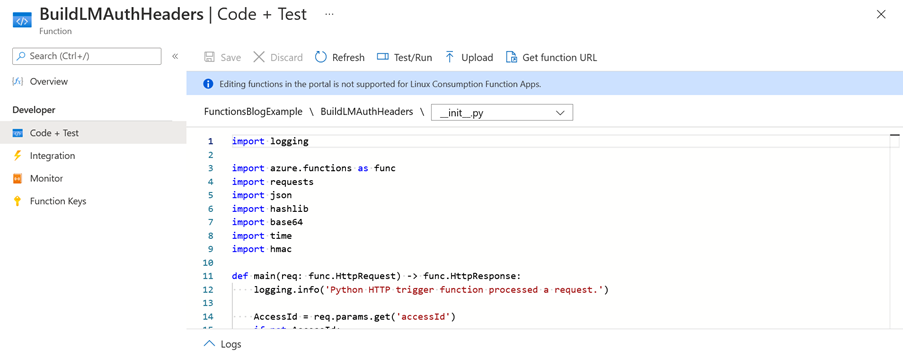 Azure Function Code + Test Example