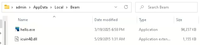 Windows file explorer showing hello.exe