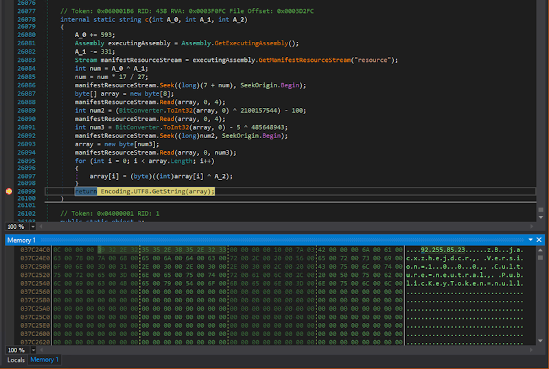 DNSpy debugger showing deobfuscation function