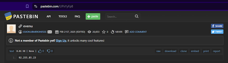 Paste on Pastebin listing C2 server IP
