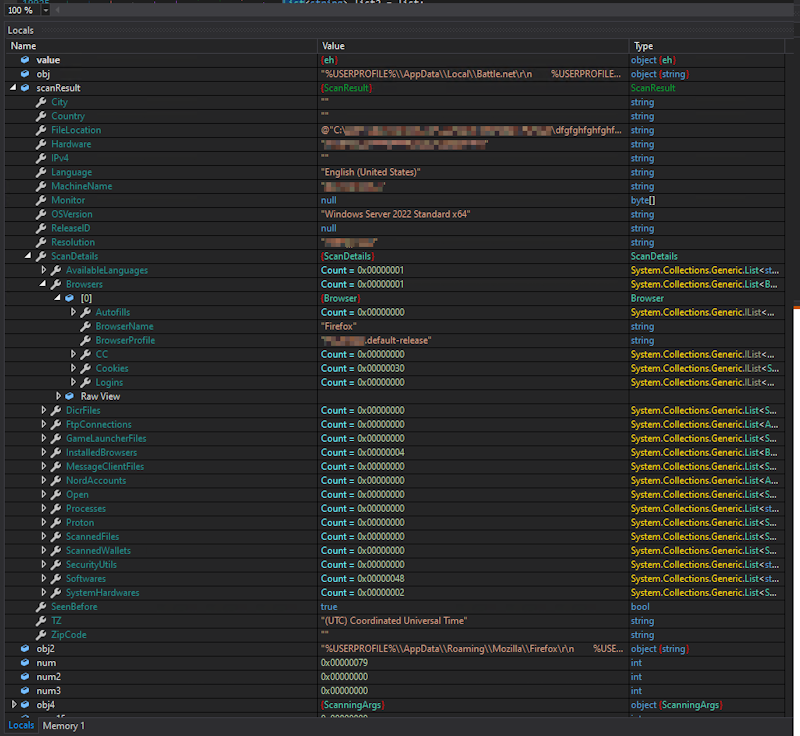 DNSpy locals window showing scanResult object